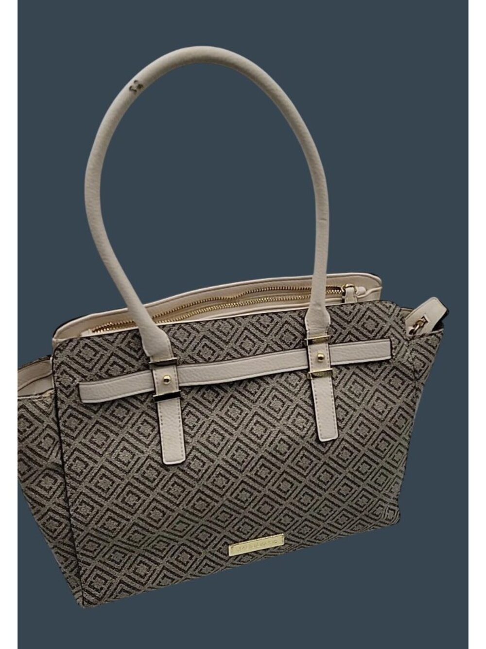 VintageLiz Claiborne Geometric Satchel Tote Bag Cream Taupe Canvas Faux Leather - Picture 11 of 16
